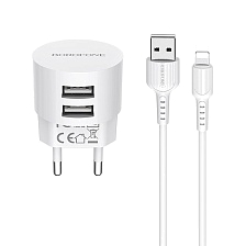 BOROFONE BA23A Brilliant, сетевое зарядное устройство с двумя USB портами и с кабелем APPLE Lightning 8-pin, цвет белый