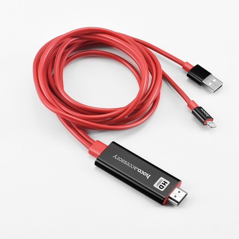 HOCO UA4 Apple lightning HDMI кабель-адаптер 2 метра 1080p выход 5V / 1A для вывода видео и аудио сигнала с устройств Apple с Lightning-разъемом, и питанием от USB-A, цвет красно-чёрный.