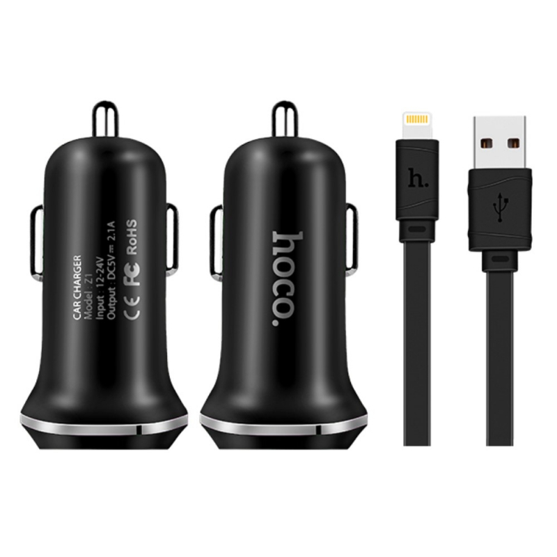 HOCO Z1 АЗУ (автомобильное зарядное устройство) 2 USB порта + Дата-кабель APPLE Lightning 8-pin 1 метр, чёрного цвета. HOCO Z1 АЗУ (автомобильное зарядное устройство) 2 USB порта + Дата-кабель APPLE Lightning 8-pin 1 метр, чёрного цвета.