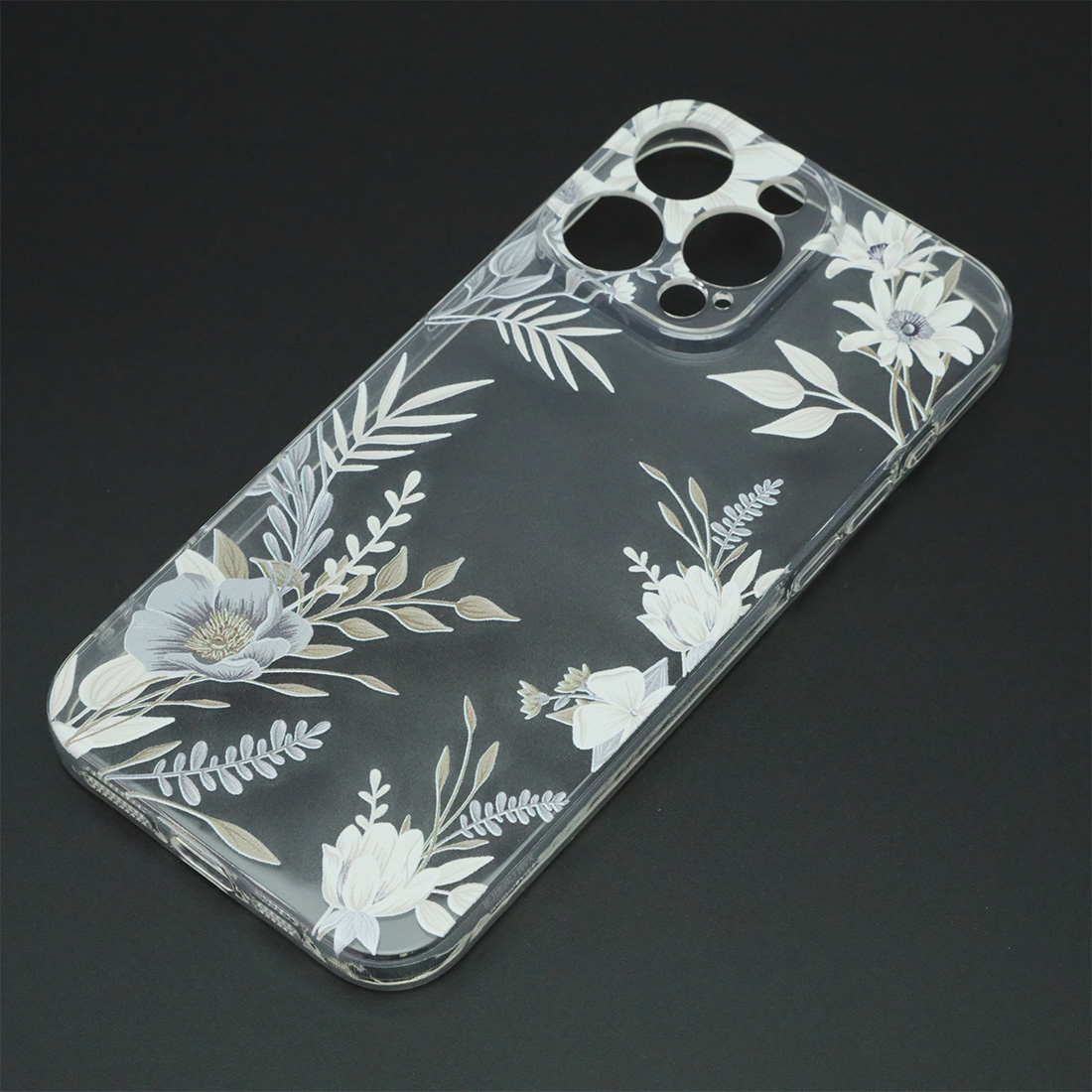 Чехол накладка для APPLE iPhone 16 Pro Max, защита камеры, силикон, прозрачный, рисунок Белые цветы Чехол накладка для APPLE iPhone 16 Pro Max, защита камеры, силикон, прозрачный, рисунок Белые цветы
