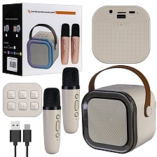 Колонка портативная, караоке микрофон K12, Bluetooth, TF card, USB, AUX, RGB подсветка, 2 микрофона, цвет бежевый Колонка портативная, караоке микрофон K12, Bluetooth, TF card, USB, AUX, RGB подсветка, 2 микрофона, цвет бежевый
