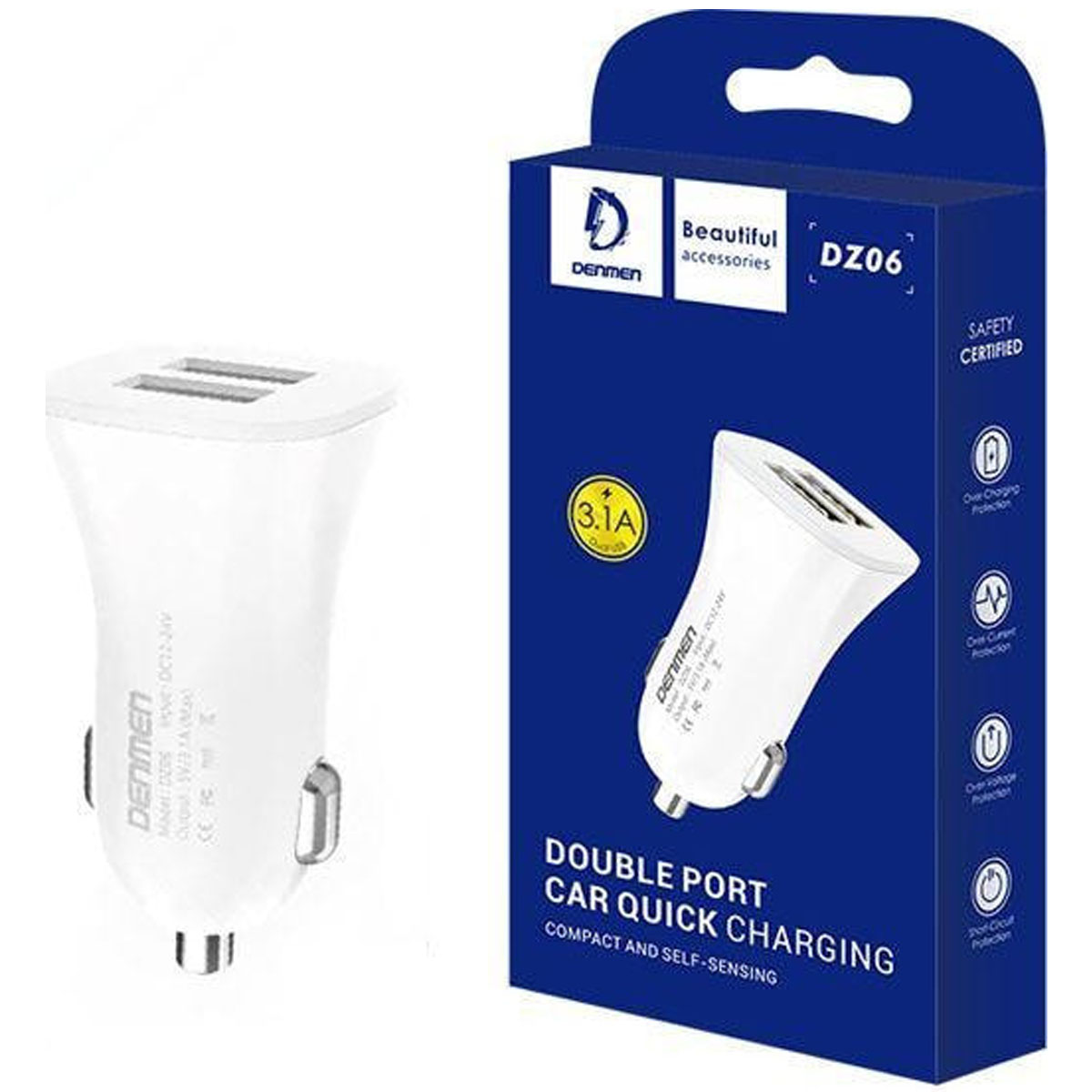 АЗУ (Автомобильное зарядное устройство) DENMEN DZ06, 15W, 3.1A, 2 USB, цвет белый