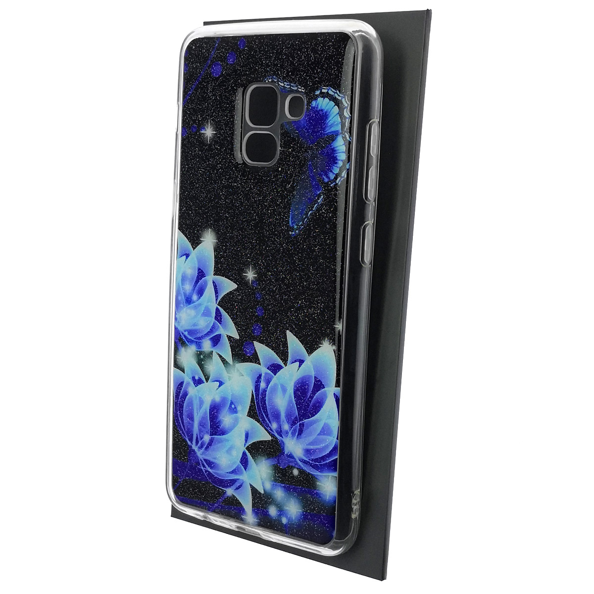 Чехол накладка для SAMSUNG Galaxy A8 Plus (SM-A730), силикон, глянцевый, блестки, рисунок Цветы и бабочка Чехол накладка для SAMSUNG Galaxy A8 Plus (SM-A730), силикон, глянцевый, блестки, рисунок Цветы и бабочка