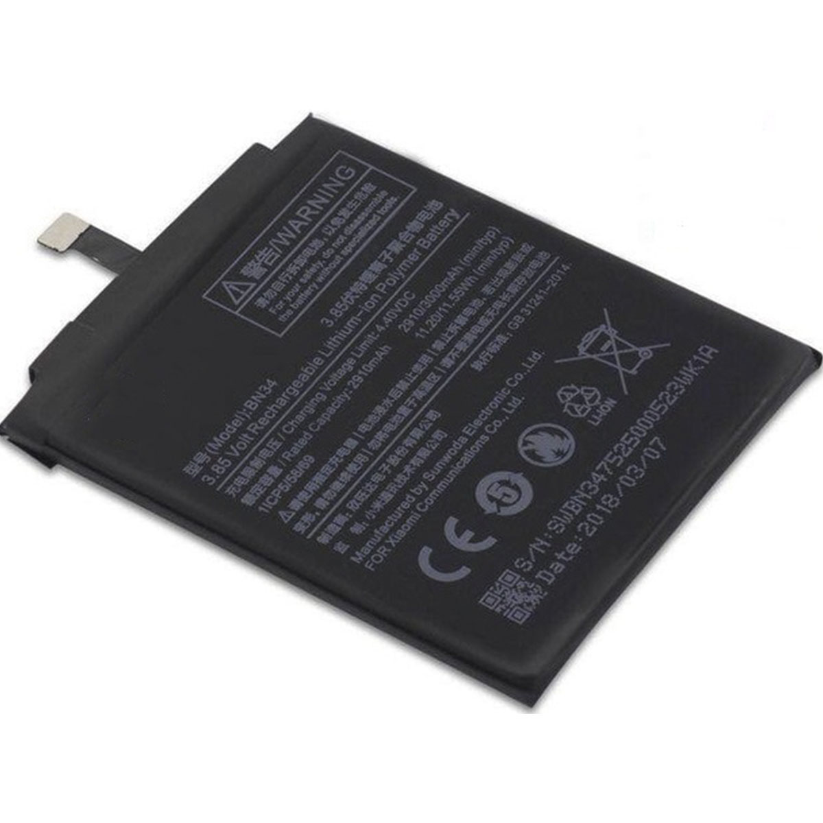 АКБ (Аккумулятор) BN34 для XIAOMI Redmi 5A, 11.17Wh, 3.85V, 2910mAh, цвет черный АКБ (Аккумулятор) BN34 для XIAOMI Redmi 5A, 11.17Wh, 3.85V, 2910mAh, цвет черный