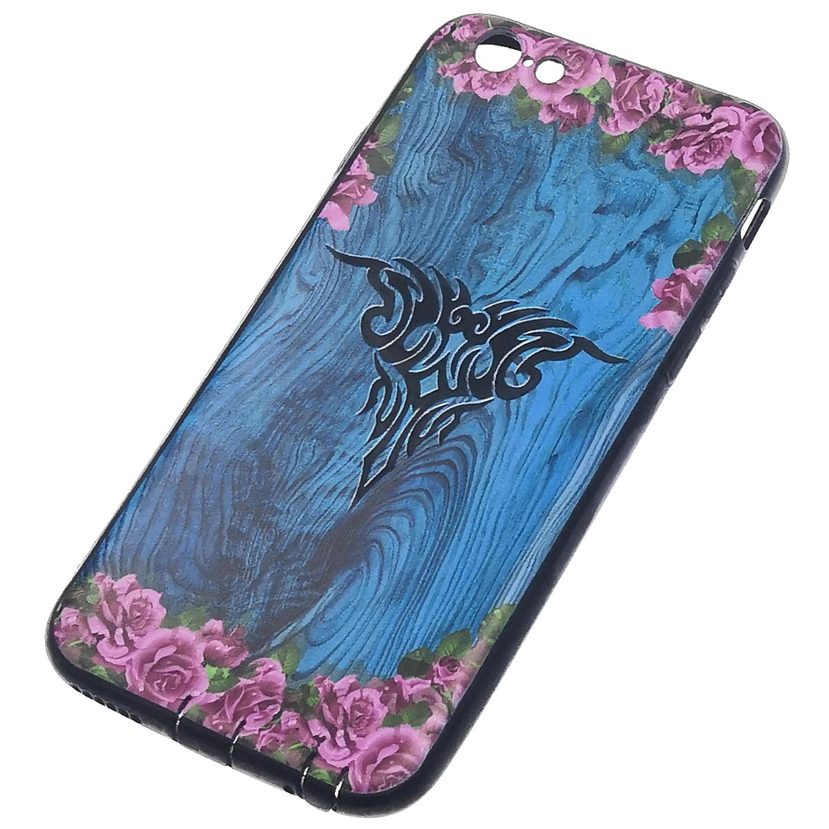 Чехол накладка Wood Pics для APPLE iPhone 6, iPhone 6G, iPhone 6S, рисунок  тату с цветами, цвет синий