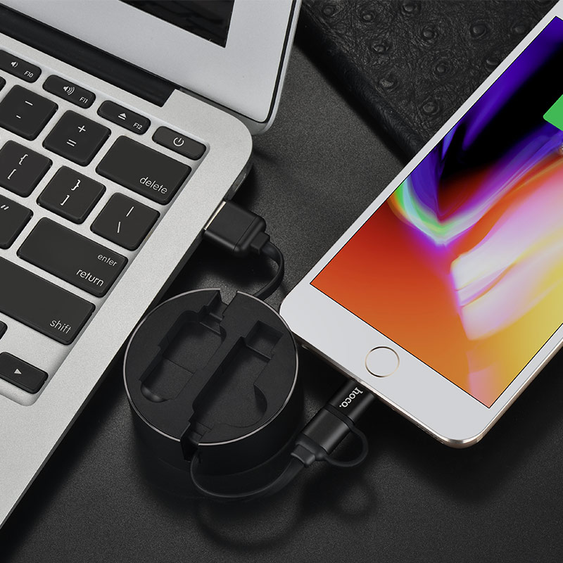 HOCO U23 USB дата-кабель рулетка 2 в 1 Micro-USB + Lightning 8 pin, цвет чёрный.