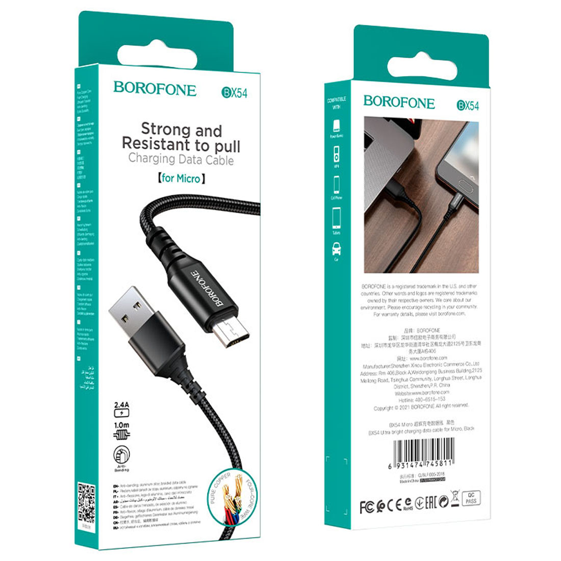 Кабель BOROFONE BX54 Ultra bright Micro USB, 2.4A, длина 1 метр, цвет черный