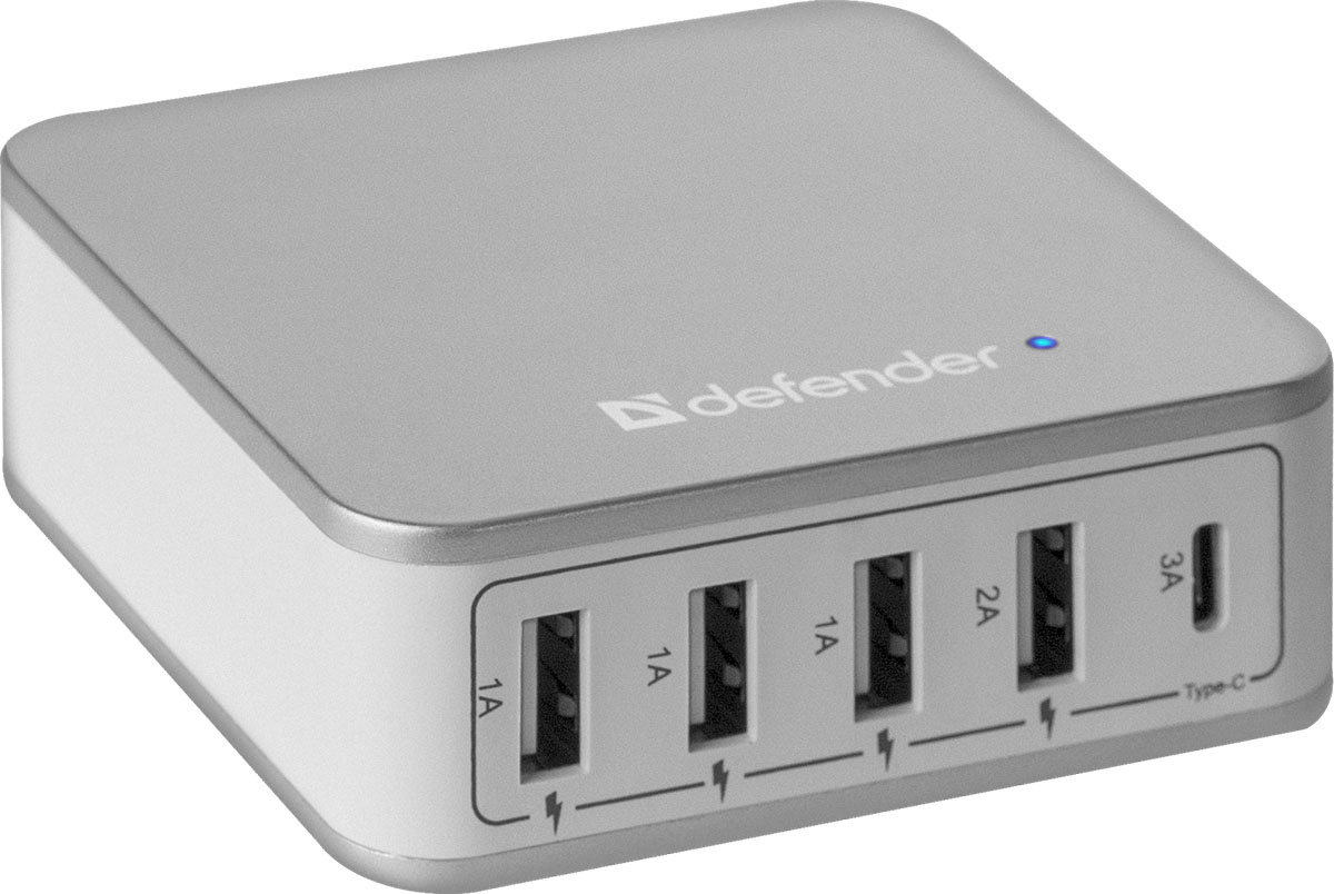 Сетевой адаптер Defender UPA-50 4 порта USB + Type C, 5V / 8A.