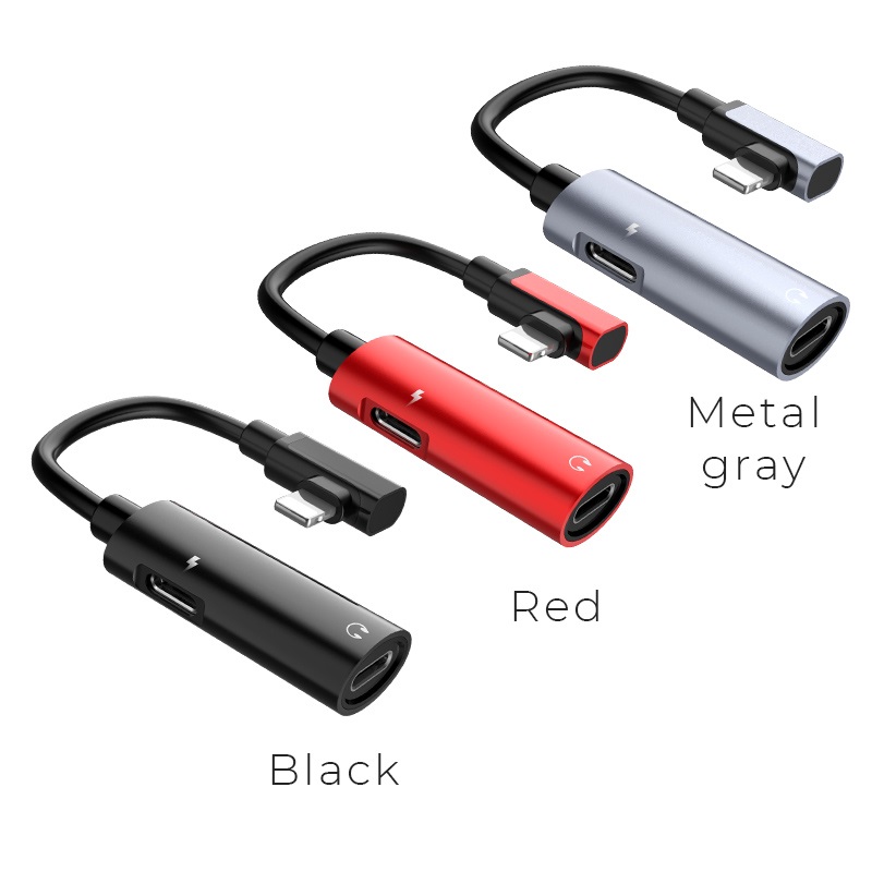 HOCO LS18 адаптер / конвертер /  аудио преобразователь для APPLE lightning 8-pin на наушники 8 pin и зарядный кабель 8 pin, цвет графитовый.