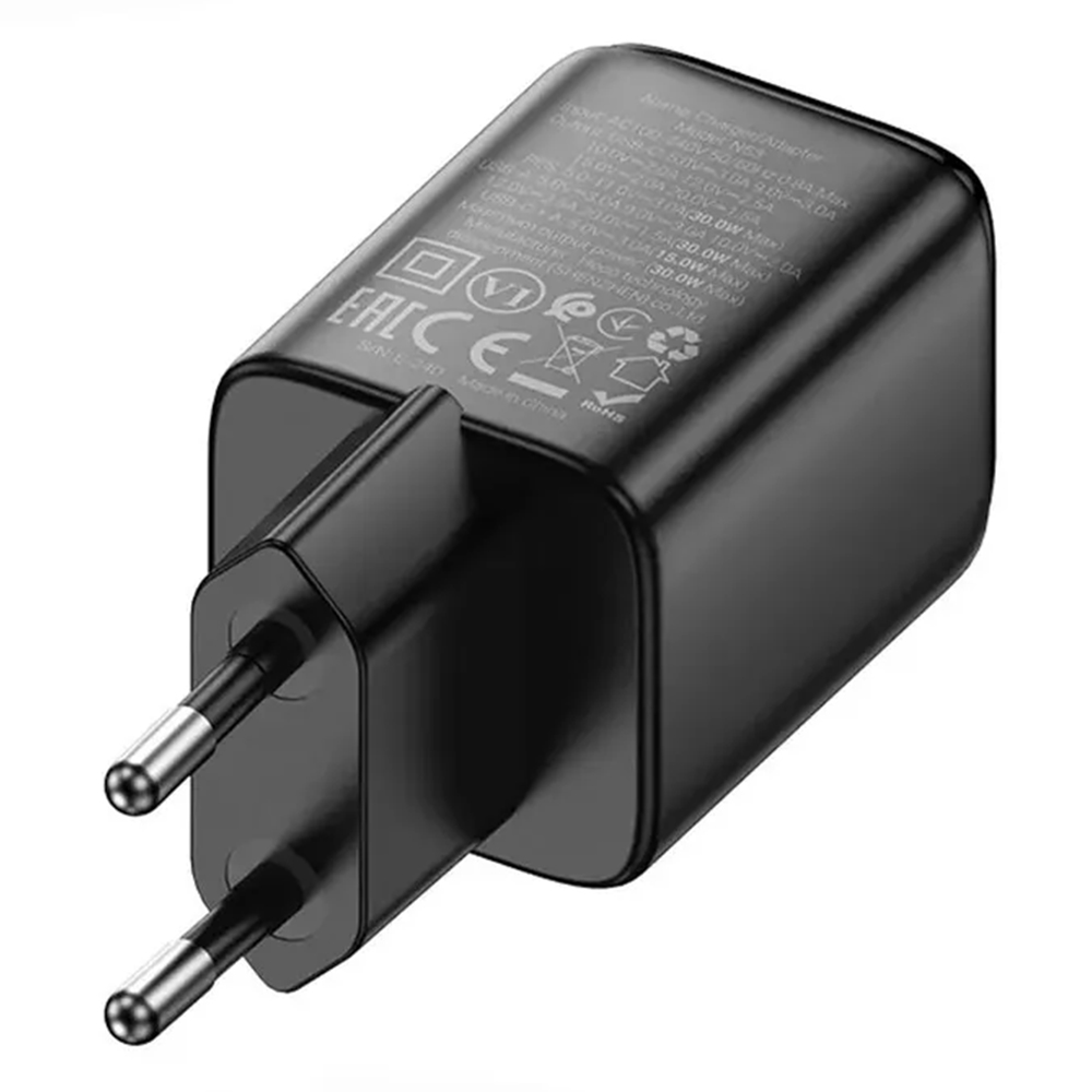 СЗУ (Сетевое зарядное устройство) HOCO N53, 1 Type C, 1 USB, PD30W, QC3.0, цвет черный
