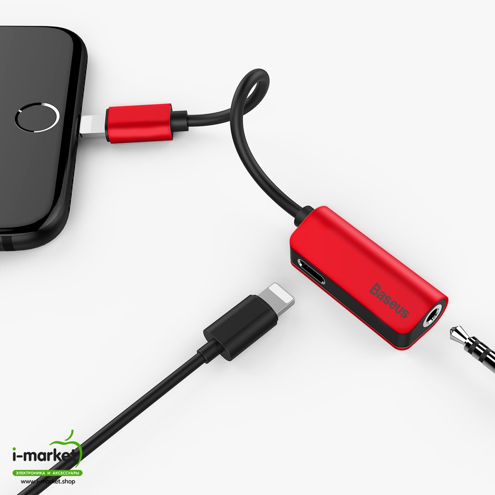 Переходник, адаптер аудио вход AUX 3.5 мм на разъем APPLE Lightning 8-pin, + доп. разъем Lightning 8-pin, Baseus L32, цвет красный