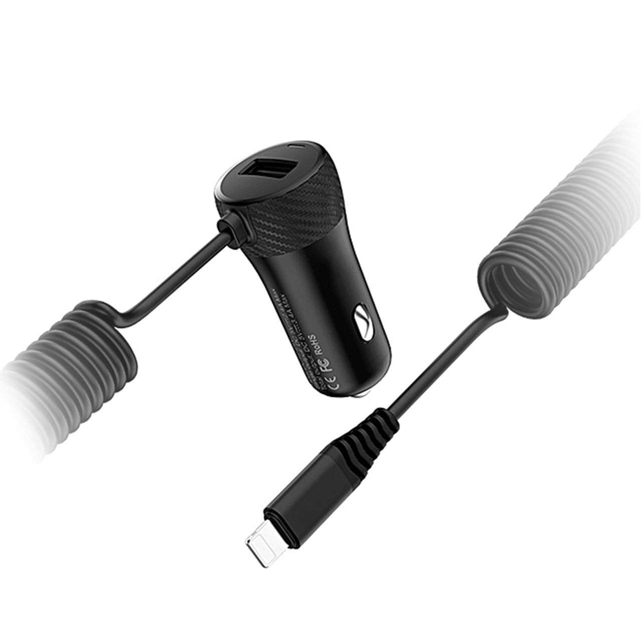 АЗУ (Автомобильное зарядное устройство) HOCO Z21A, 1 USB порт, встроенный кабель APPLE lightning 8 pin, 2.4A, цвет черный