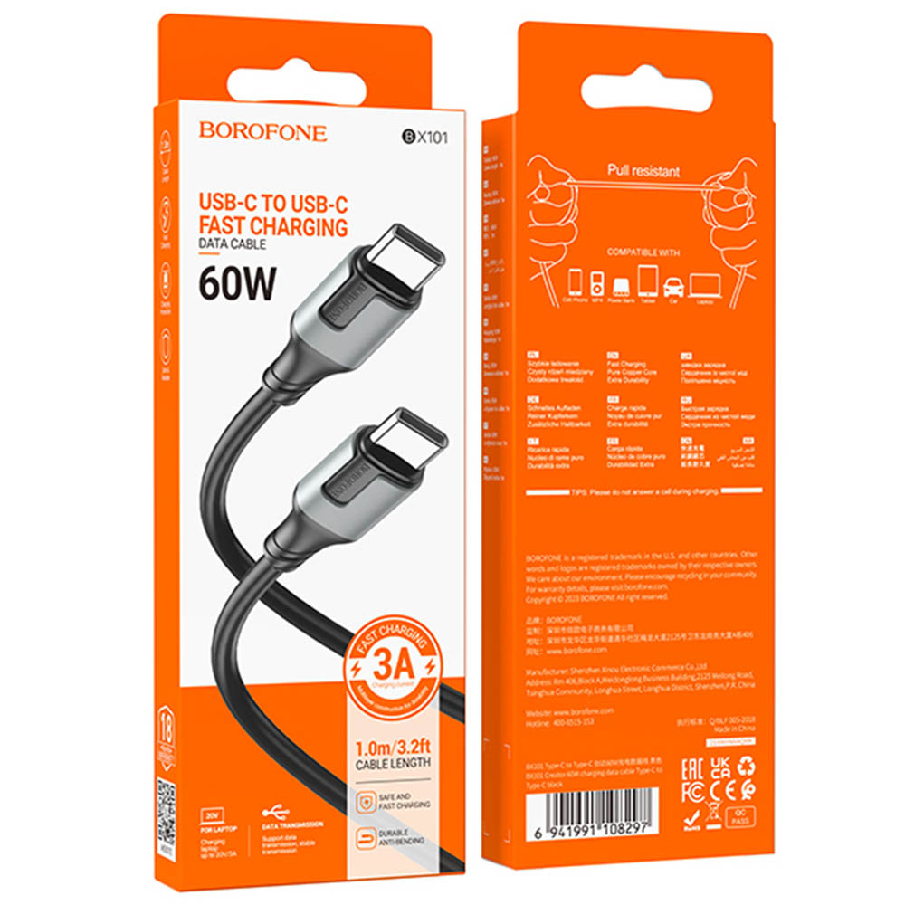 Кабель BOROFONE BX101 Creator Type C на Type C, 3A, 60W, длина 1 метр, цвет черный