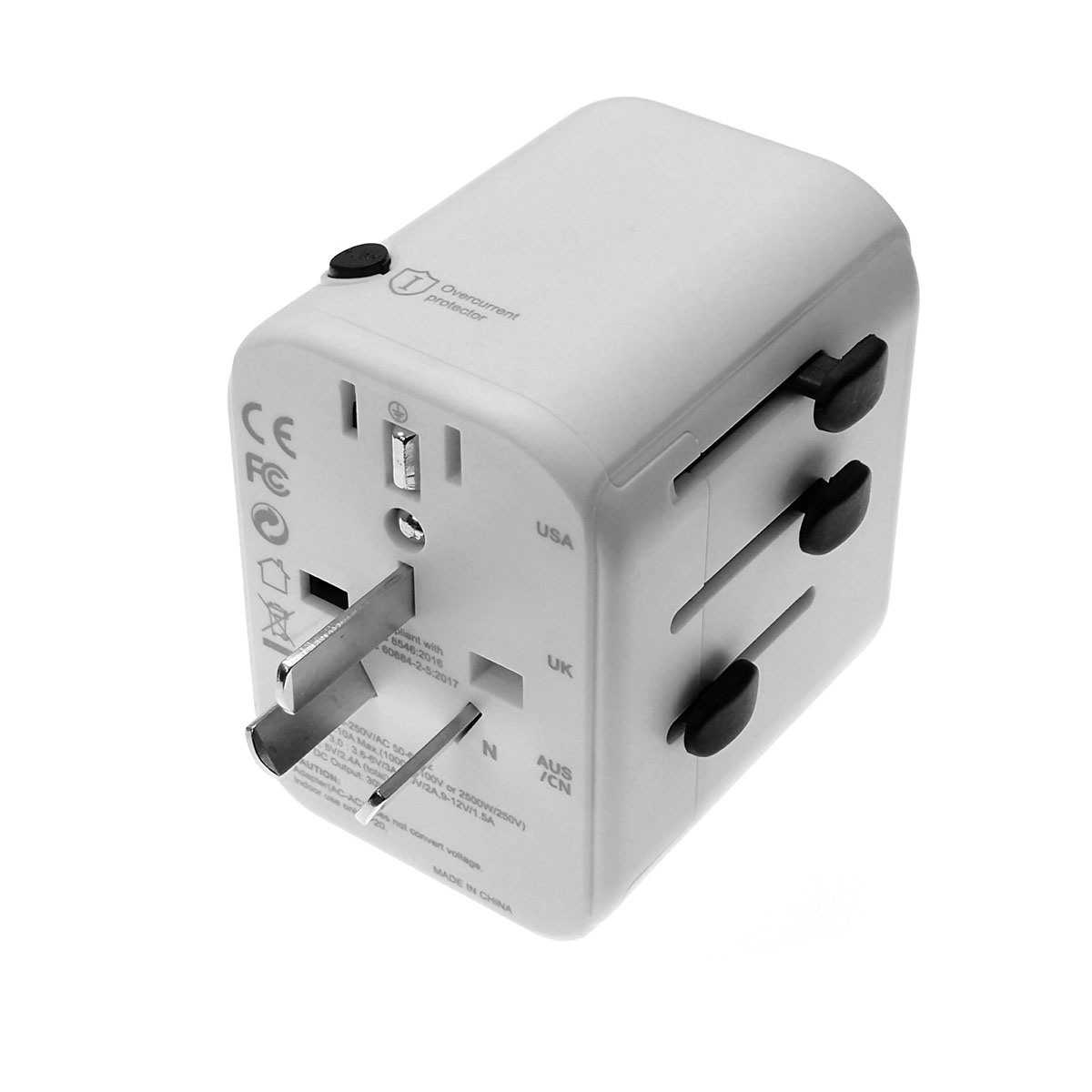 УСЗУ (универсальное сетевое зарядное устройство) / Travel Adapter / переходник TA901F на AUS (Китайскую, Австралийскую), EU (Европейскую), US (Американскую), UK (Английскую) вилку для путешествий с 4 USB портами на 2.4А, 25W 5V/5A, цвет белый.