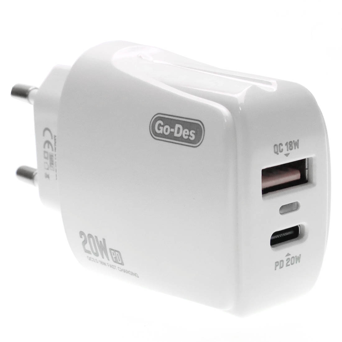 СЗУ (Сетевое зарядное устройство) GO-DES GD-QC3016 с кабелем USB Type C на Lightning 8 pin, 20W, 1 USB Type C PD20W, 1 USB QC3.0 18W, длина 1 метр, цвет белый