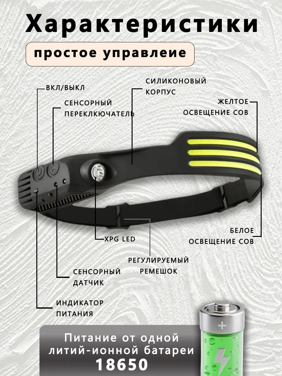 Фонарь W689-3 налобный аккумуляторный, светодиодный, управление жестами, угол освещения 270º, тип АКБ 18650 (1200mAh), разъем зарядки Type-c, цвет черный