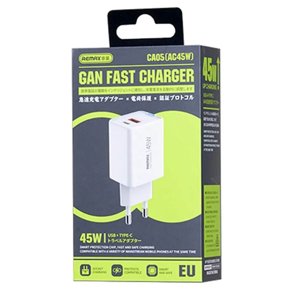 СЗУ (Сетевое зарядное устройство) REMAX GaN CA05 AC45W, 45W, 1 USB Type C, 1 USB, цвет белый