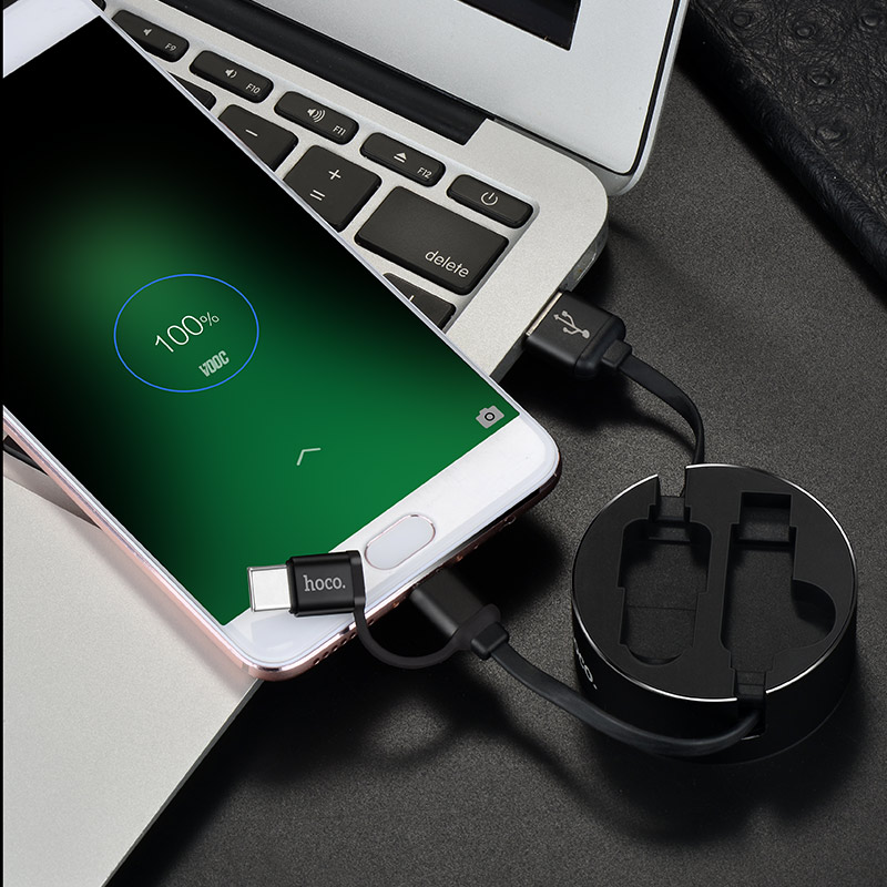 HOCO U23 USB дата-кабель рулетка 2 в 1 Micro-USB + Type-C, цвет чёрный.