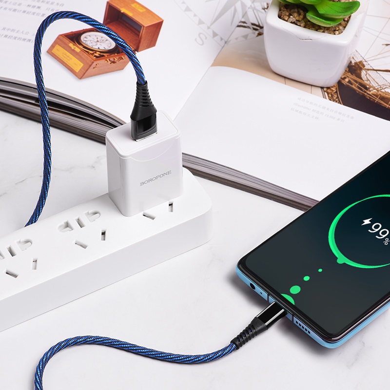 Кабель BOROFONE BU13 Craft Micro USB 7pin (удлиненный micro USB), 4А, длина 1.2 метр, нейлоновая оплетка, цвет черно синий