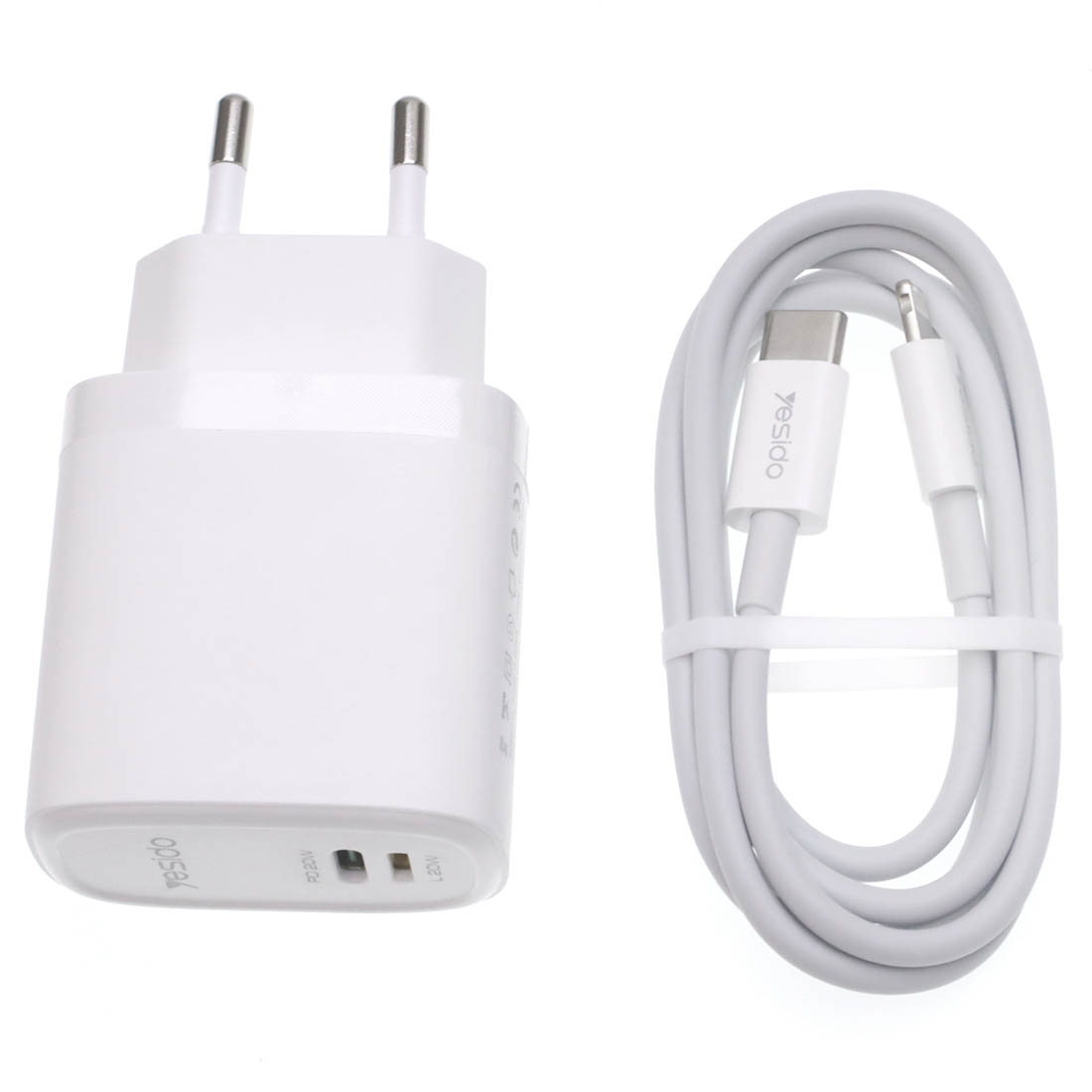 СЗУ (Сетевое зарядное устройство) YESIDO YC44 с кабелем USB Type C на Lightning 8 pin, 20W, 1 USB Type C, 1 Lightning 8 pin, длина 1 метр, цвет белый