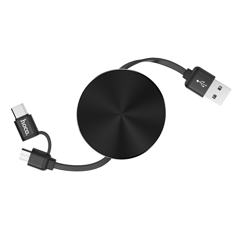 HOCO U23 USB дата-кабель рулетка 2 в 1 Micro-USB + Type-C, цвет чёрный.