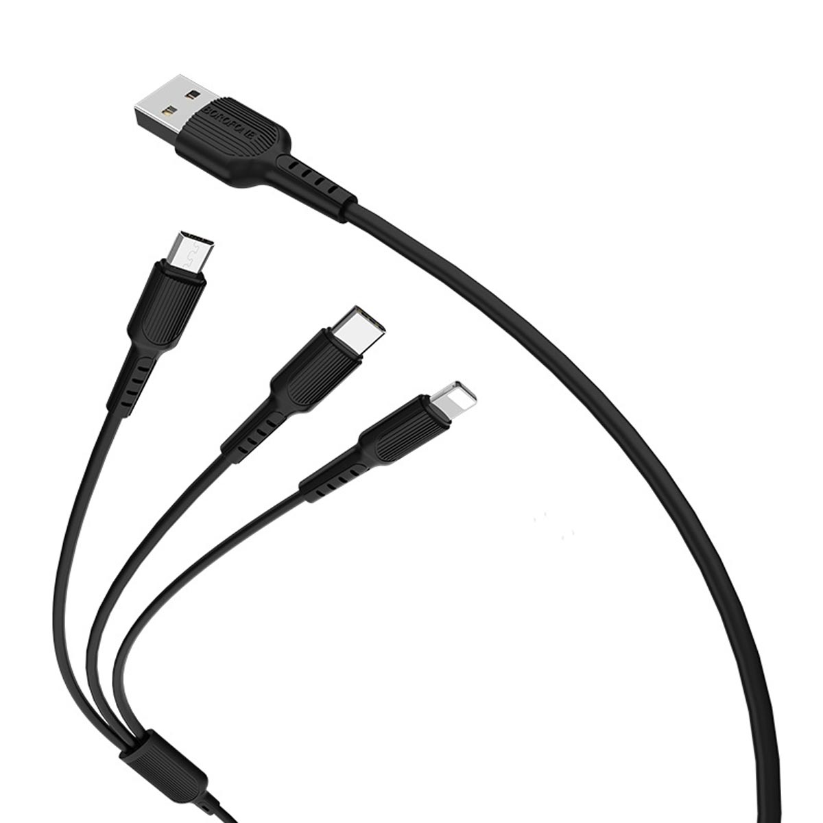Кабель BOROFONE BX16 Easy Micro USB, Lightning 8 pin, USB Type C, 2.4A, длина 1 метр, силикон, цвет черный