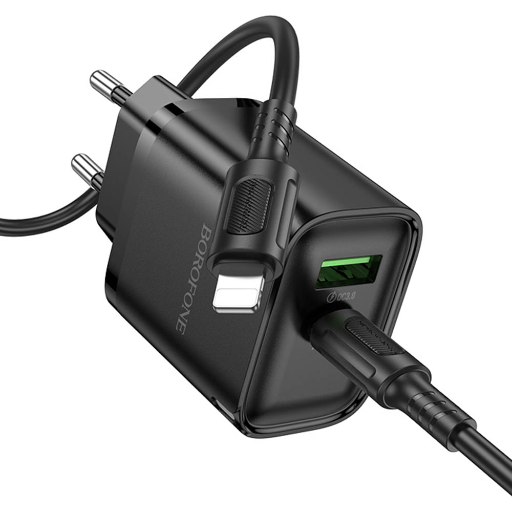 СЗУ (Сетевое зарядное устройство) BOROFONE BA83A Flare Star с кабелем Type C на Lightning 8 pin, 1 USB Type C, 1 USB A, PD20W, QC3.0, длина 1 метр, цвет черный