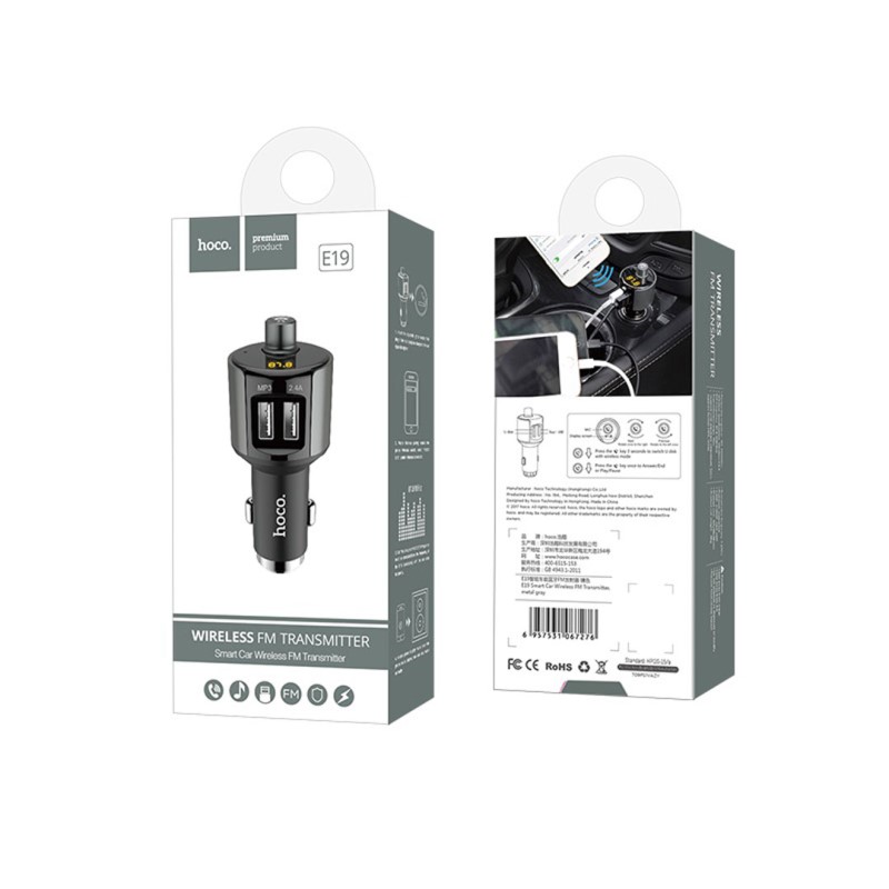 HOCO E19 Smart беспроводной FM transmitter, FM модулятор, АЗУ (автомобильное зарядное устройство) на 2 USB порта 5V-2.4A, цвет черный