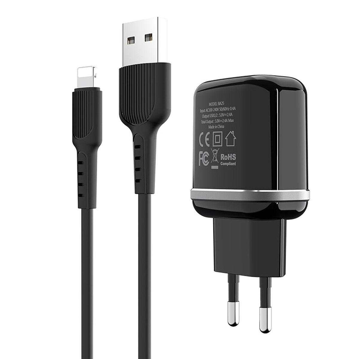СЗУ (Сетевое зарядное устройство) BOROFONE BA25A Outstanding с кабелем Lightning 8 pin, 2.4A, 2 USB, длина 1 метр, цвет черный