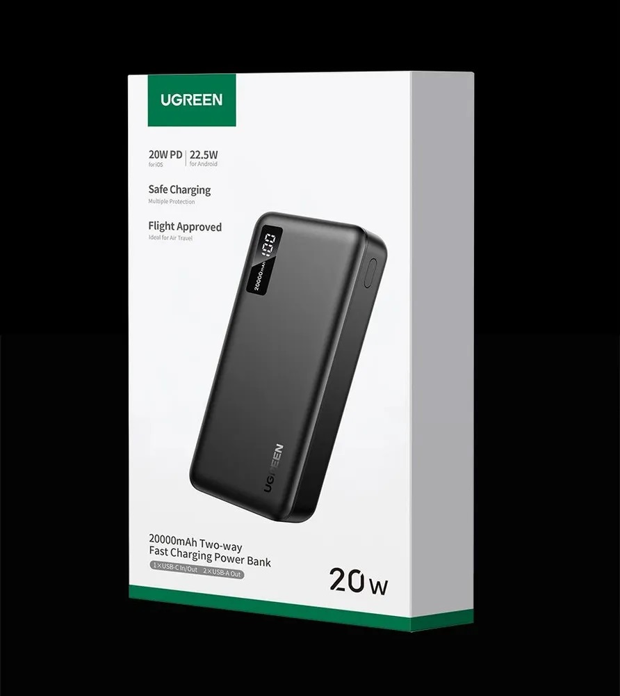 Внешний портативный аккумулятор, Power Bank UGREEN PB312, 20000 mAh, 22.5W, PD20W, LED дисплей, цвет черный