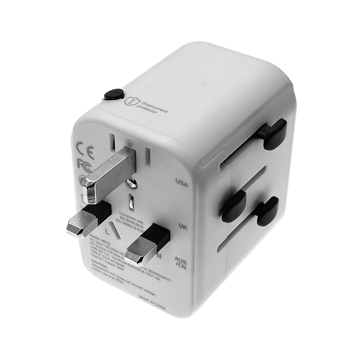 УСЗУ (универсальное сетевое зарядное устройство) / Travel Adapter / переходник TA901F на AUS (Китайскую, Австралийскую), EU (Европейскую), US (Американскую), UK (Английскую) вилку для путешествий с 4 USB портами на 2.4А, 25W 5V/5A, цвет белый.