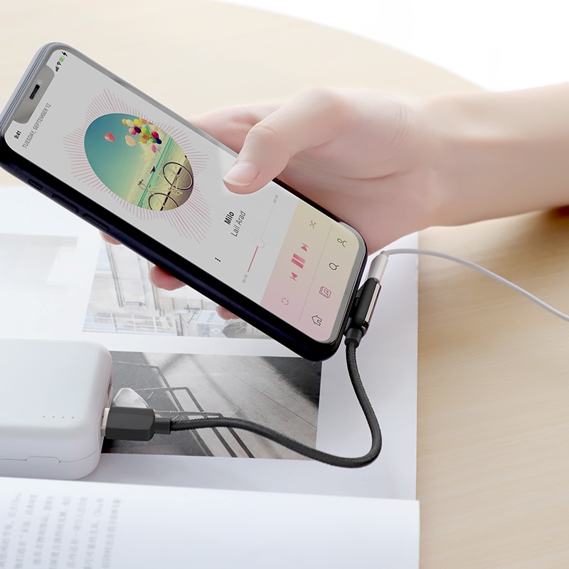 HOCO LS28 аудио конверсионный кабель для Apple Lightning 8-pin, LED индикация заряда, цвет графитовый.