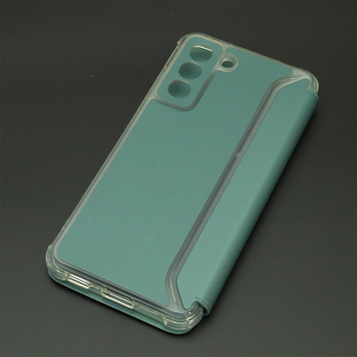 Чехол книжка для SAMSUNG Galaxy S21 FE (SM-G990B), экокожа, визитница, цвет темно зеленый