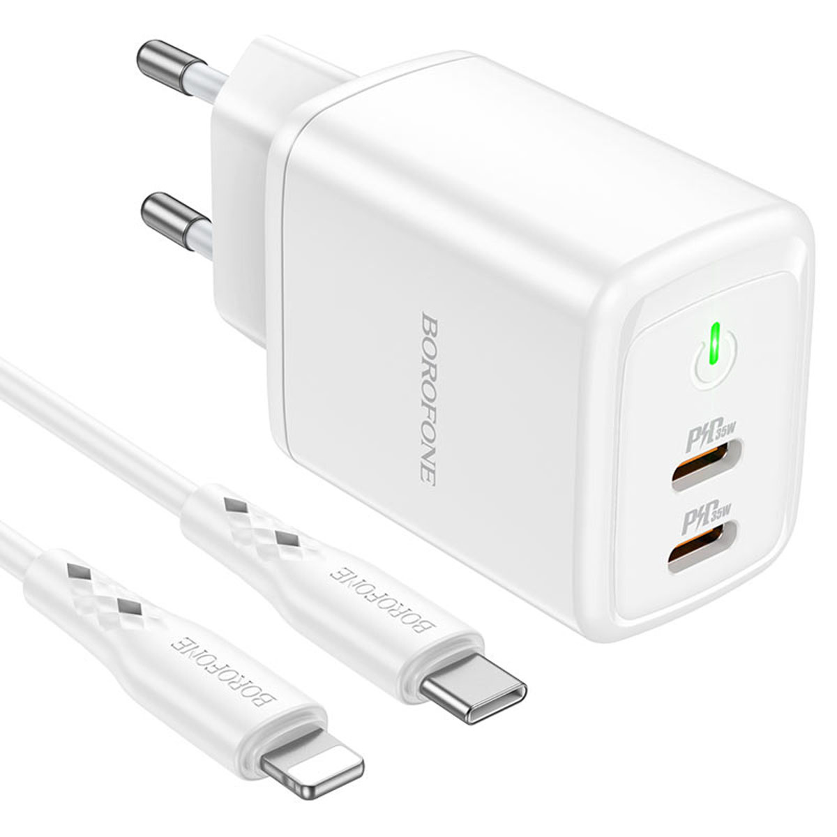 СЗУ (Сетевое зарядное устройство) BOROFONE BN9 Reacher с кабелем USB Type C на Lightning 8 pin, 35W, 2 USB Type C, PD35W, QC3.0, длина 1 метр, цвет белый СЗУ (Сетевое зарядное устройство) BOROFONE BN9 Reacher с кабелем USB Type C на Lightning 8 pin, 35W, 2 USB Type C, PD35W, QC3.0, длина 1 метр, цвет белый