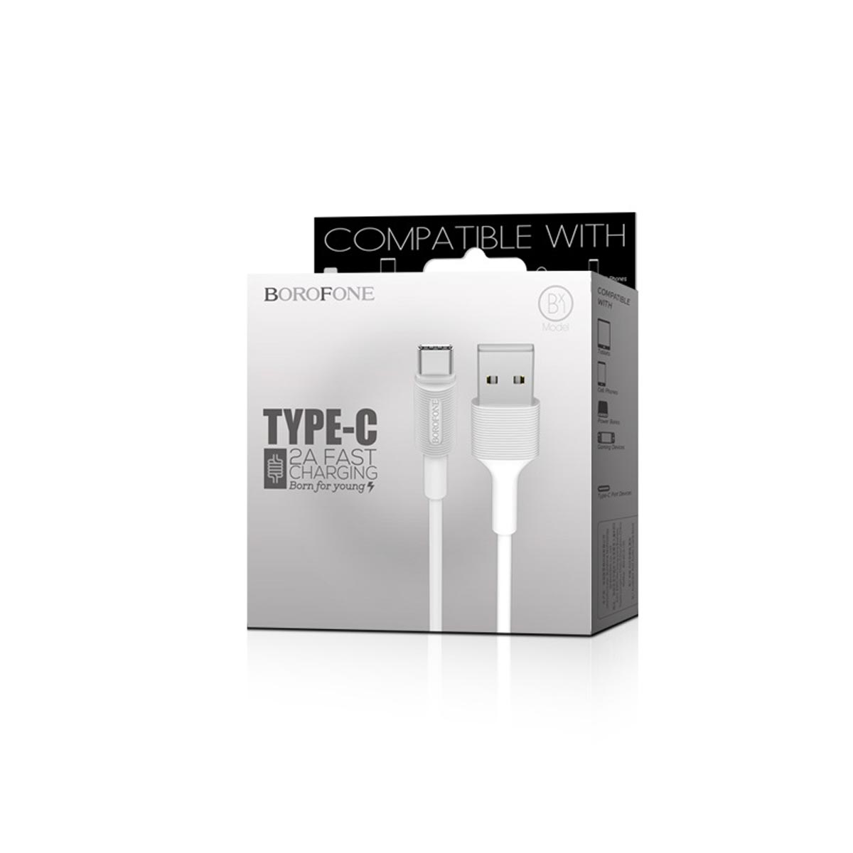 Кабель BOROFONE BX1 EzSync USB Type C, 3A, длина 1 метр, силикон, цвет белый