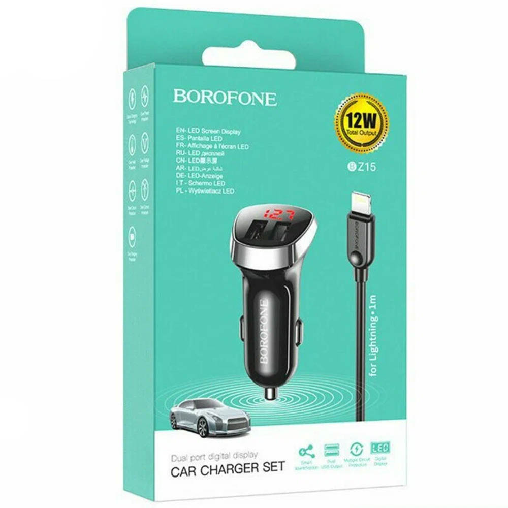 АЗУ (Автомобильное зарядное устройство) BOROFONE BZ15 Auspicious с кабелем APPLE Lightning 8 pin, 2.4А, 12W, 2xUSB, цвет черный