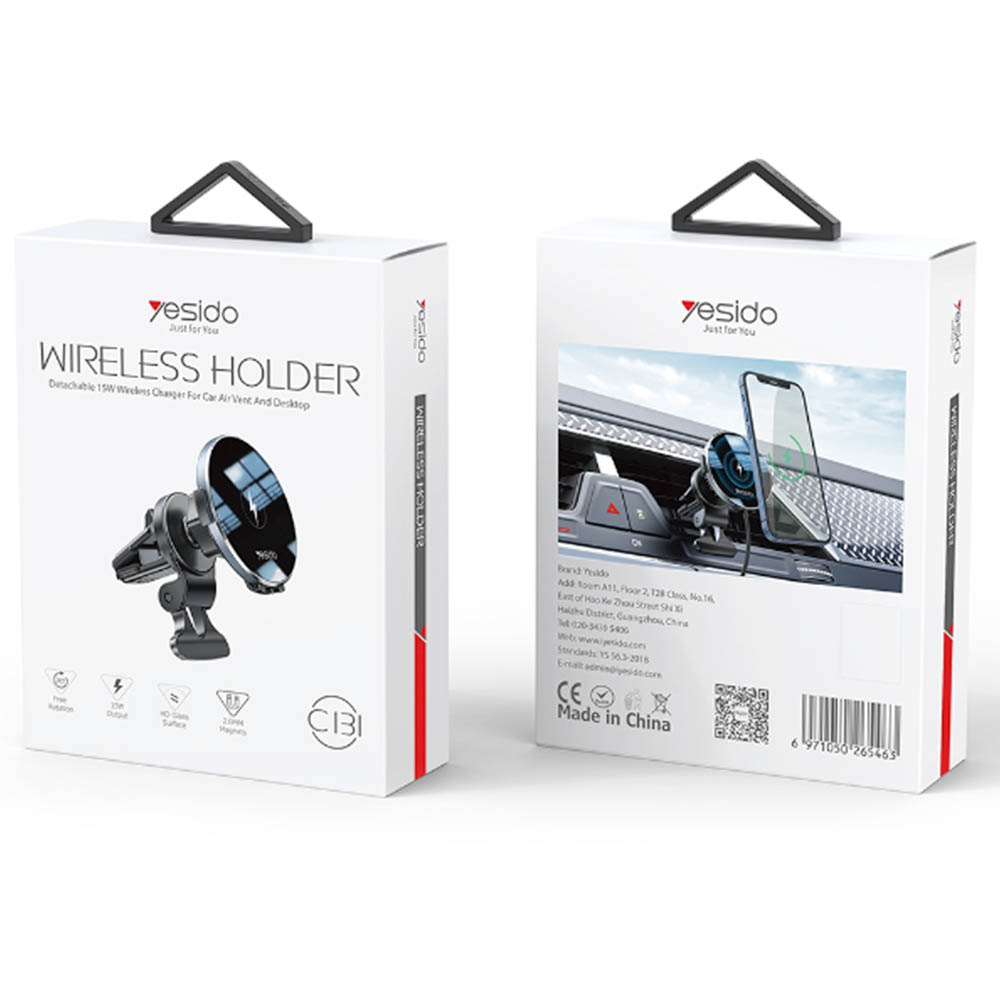Автомобильный держатель YESIDO C131 с креплением под MagSafe для смартфона, с беспроводной быстрой зарядкой, крепление в воздуховод, 15W, цвет черный