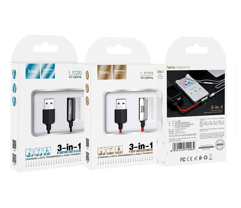 HOCO LS28 аудио конверсионный кабель для Apple Lightning 8-pin, LED индикация заряда, цвет графитовый.