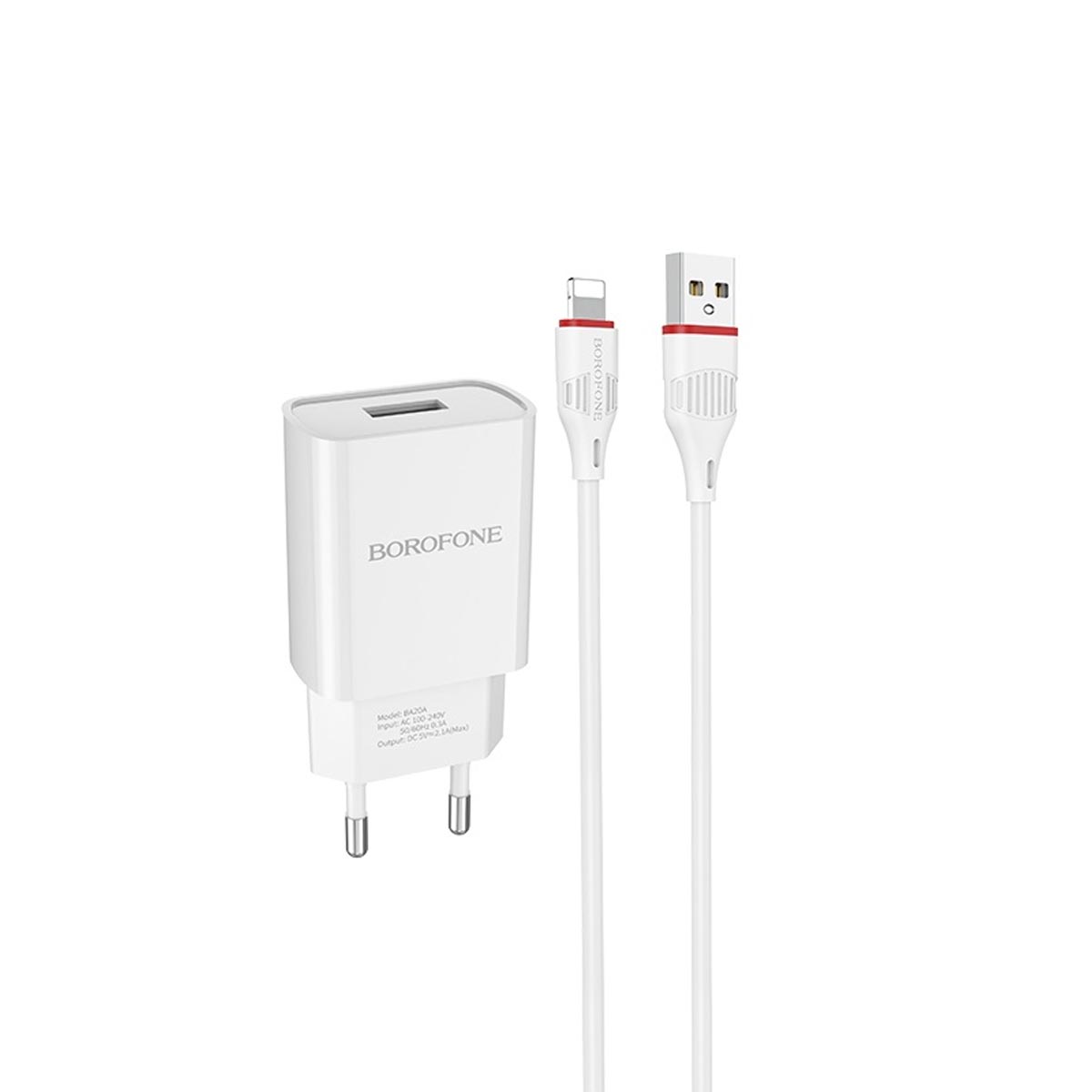 СЗУ (Сетевое зарядное устройство) BOROFONE BA20A Sharp с кабелем Lightning 8 pin, 2.1А, длина 1 метр, цвет белый