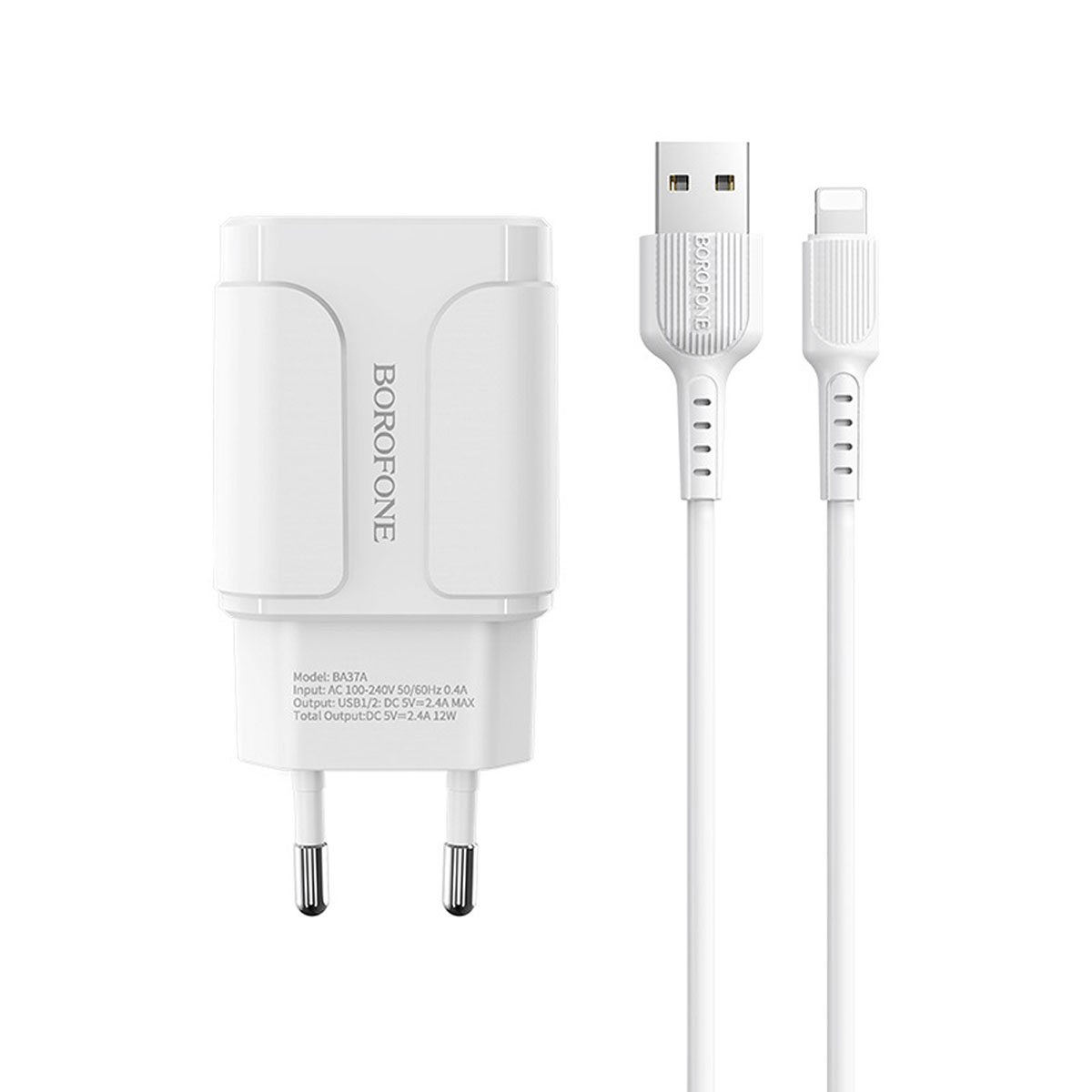 BOROFONE BA37A Speedy, сетевое зарядное устройство с двумя USB портами, с кабелем APPLE Lightning 8-pin, цвет белый.
