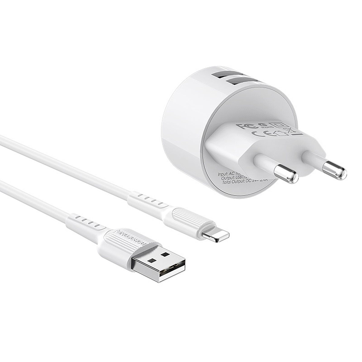 BOROFONE BA23A Brilliant, сетевое зарядное устройство с двумя USB портами и с кабелем APPLE Lightning 8-pin, цвет белый