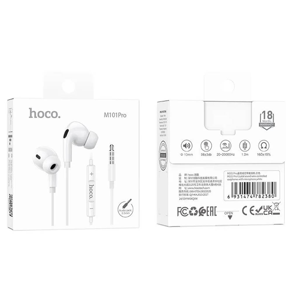 Гарнитура (наушники с микрофоном) проводная, HOCO M101 Pro Crystal, разъем Jack 3.5 мм, цвет белый