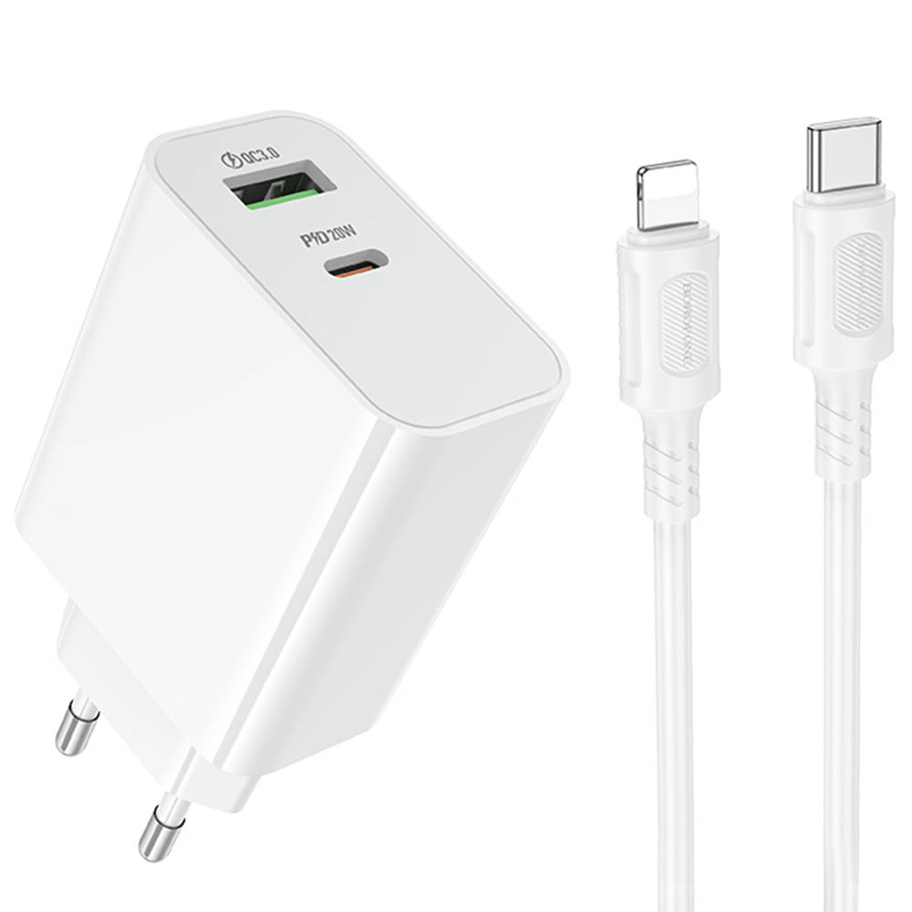 СЗУ (Сетевое зарядное устройство) c кабелем Type C на Lightning 8 pin BOROFONE BA106A Stellar, 20W, 1 USB A 18W, 1 USB Type C 20W, PD20W, QC3.0, цвет белый