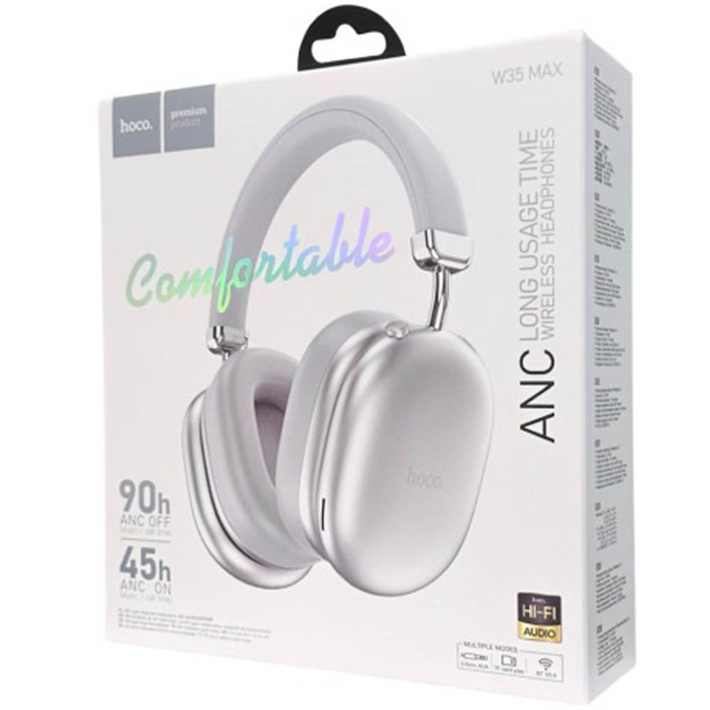 Гарнитура (наушники с микрофоном) беспроводная, полноразмерная, HOCO W35 Max, ANC, цвет серебристый