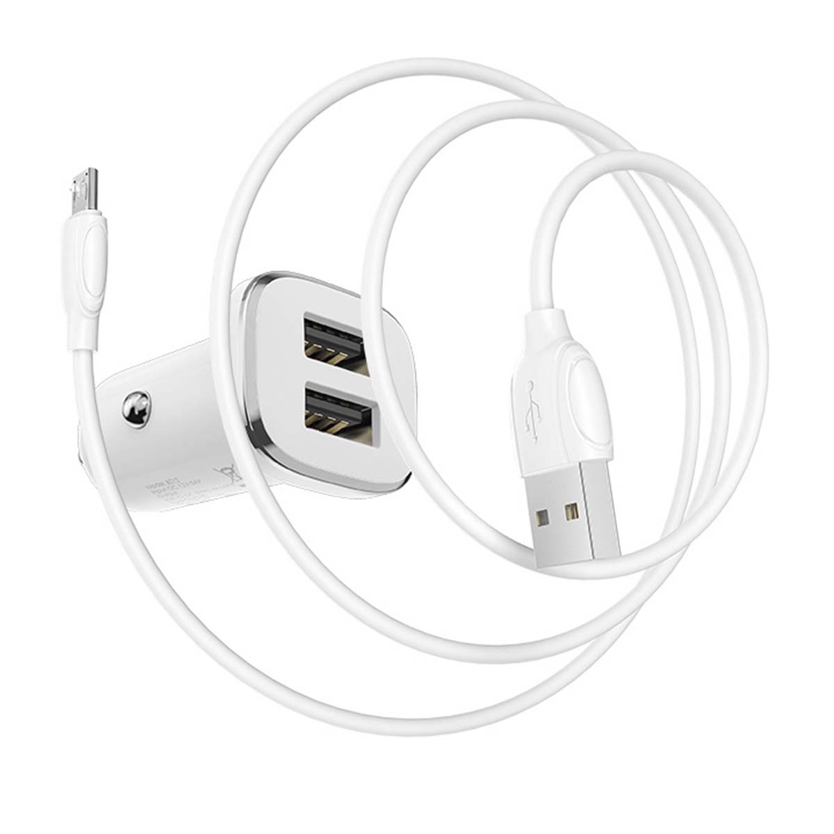 АЗУ (Автомобильное зарядное устройство) BOROFONE BZ12 Lasting power с кабелем USB Type C, 2 USB, длина 1 метр, цвет белый
