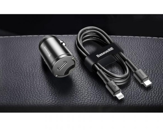 BASEUS TZVCHX-0G Автомобильное зарядное устройство Tiny Star Mini PPS quick charger suit Type-C to IP 18W Cable  1 метр, цвет темно серый.