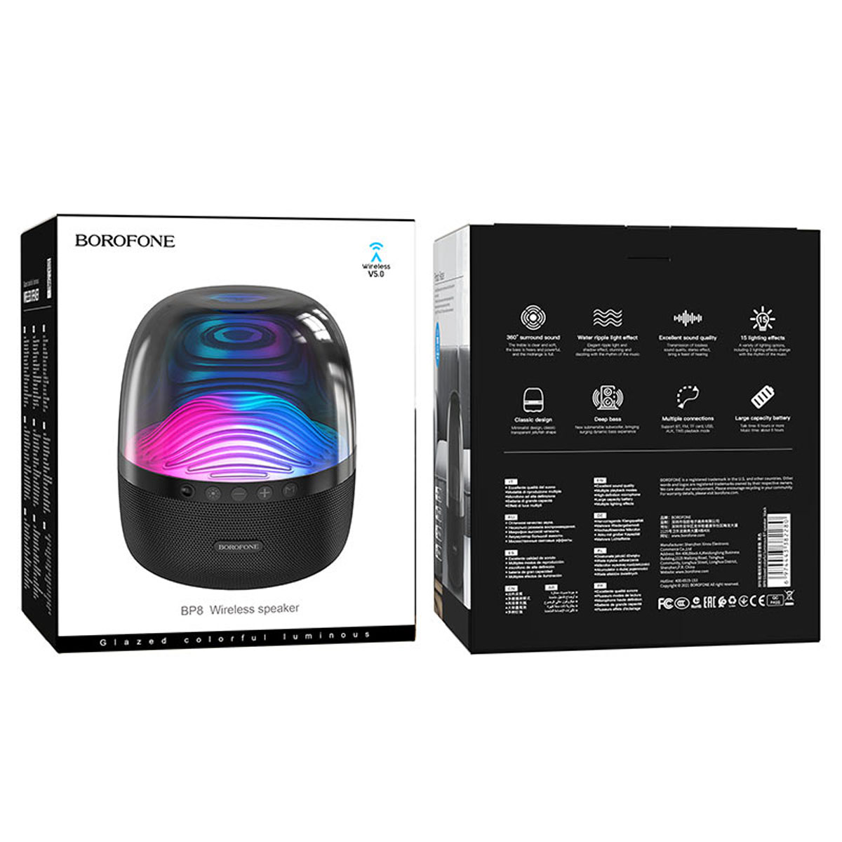 Портативная колонка BOROFONE BP8 Glazed, 11 световых режимов, RGB подсветка, цвет черный (распродажа -70%)