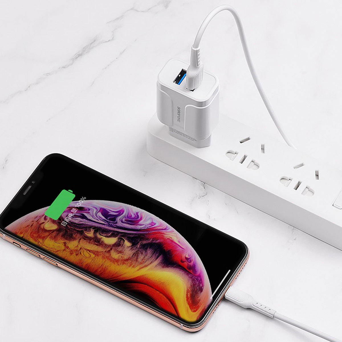 BOROFONE BA37A Speedy, сетевое зарядное устройство с двумя USB портами, с кабелем APPLE Lightning 8-pin, цвет белый.