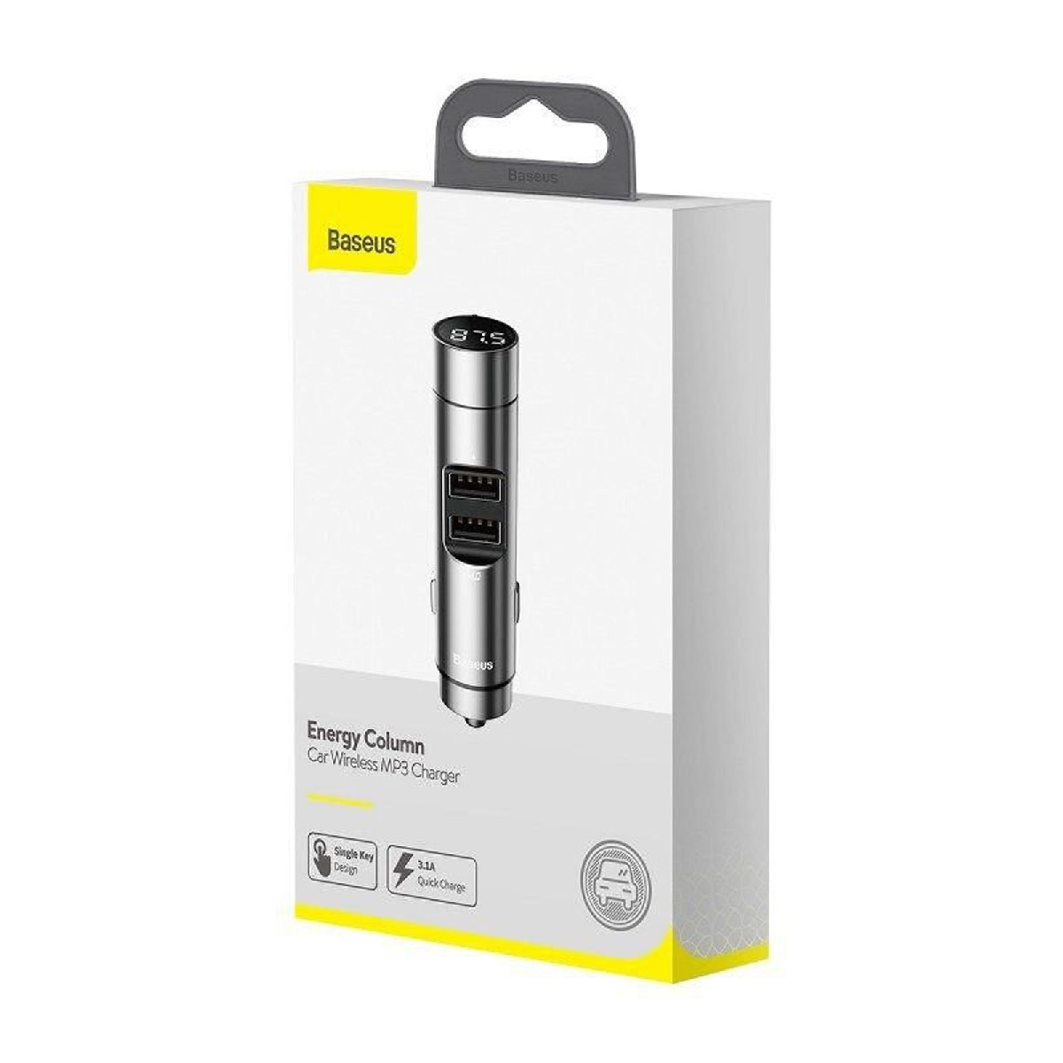 АЗУ (Автомобильное зарядное устройство) с FM-трансмиттером, 2 порта USB, Baseus Energy Column Car Wireless MP3, цвет серебристый (распродажа -50%)