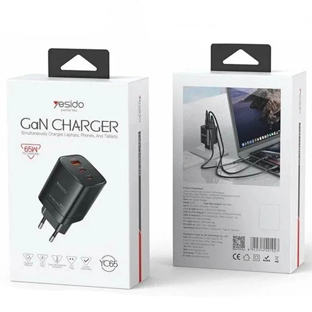 СЗУ (Сетевое зарядное устройство) YESIDO YC65 GaN CHARGER, 65W, 1 USB, 2 USB Type C, цвет черный